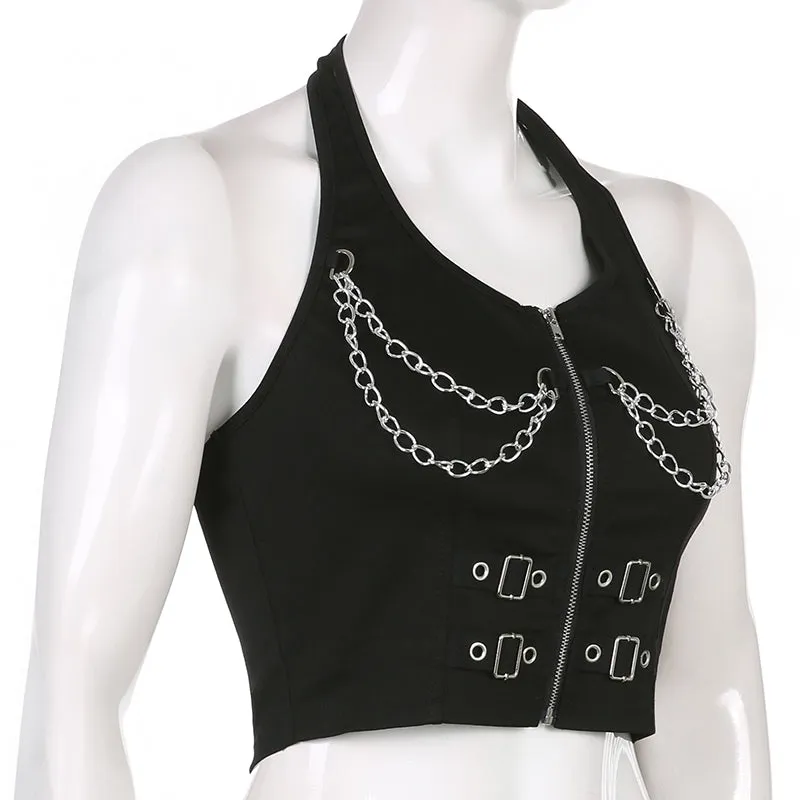 Punk Halter Crop Top Women Chain Bandage Tank Tops Streetwear