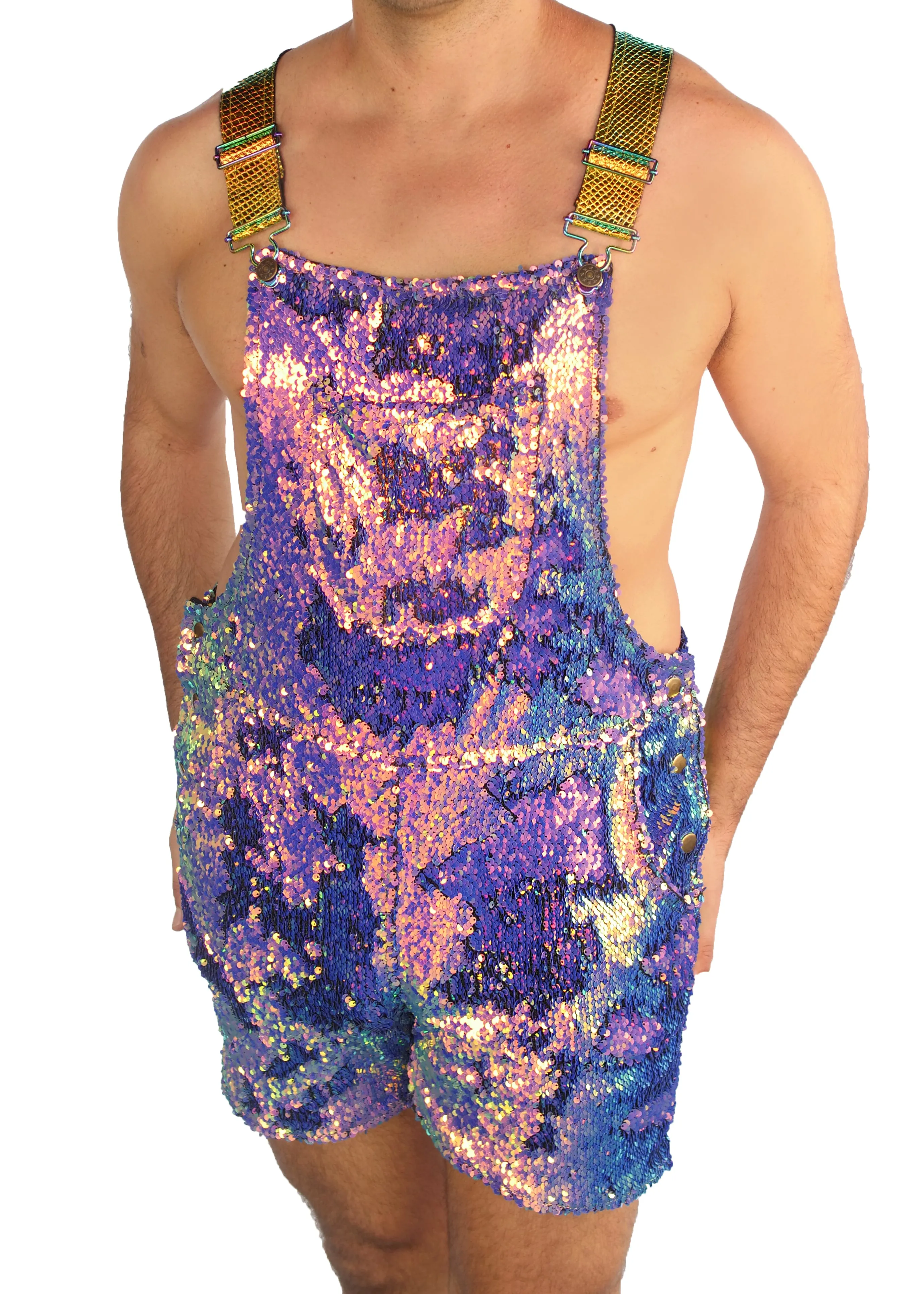 Purple Rain Men's Short Sequin Overalls