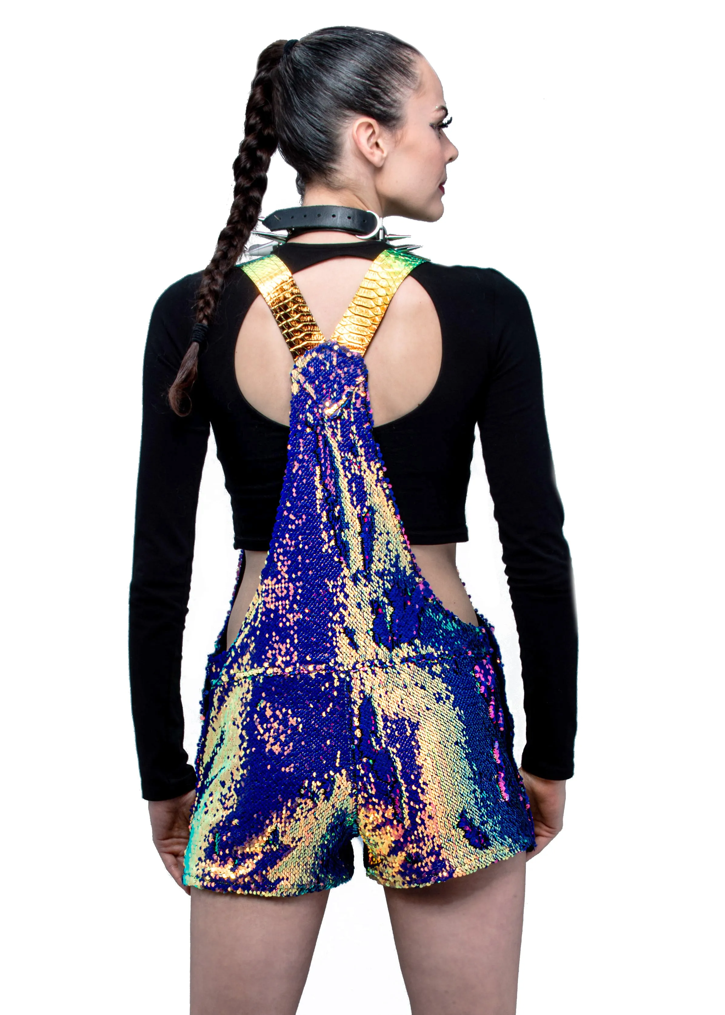 Purple Rain Short Sequin Overalls