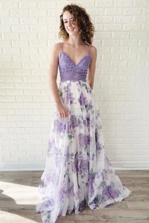 Purple tulle lace long prom dress, purple lace evening dress