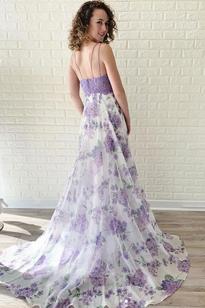 Purple tulle lace long prom dress, purple lace evening dress