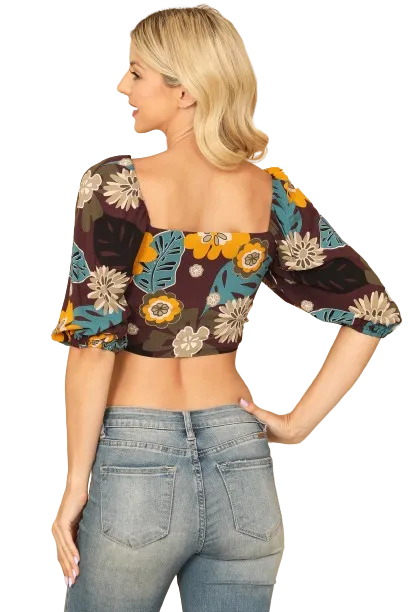Purple Yellow Puff Sleeve Knot Detail Printed Bralette Top - Pack of 5