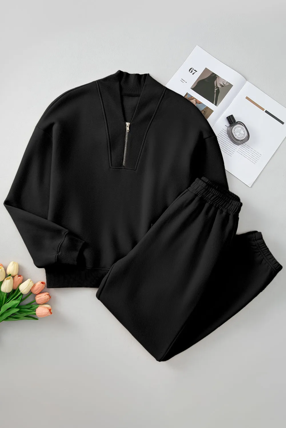 Quarter Zip Active Long Sleeve Top and Pants Set