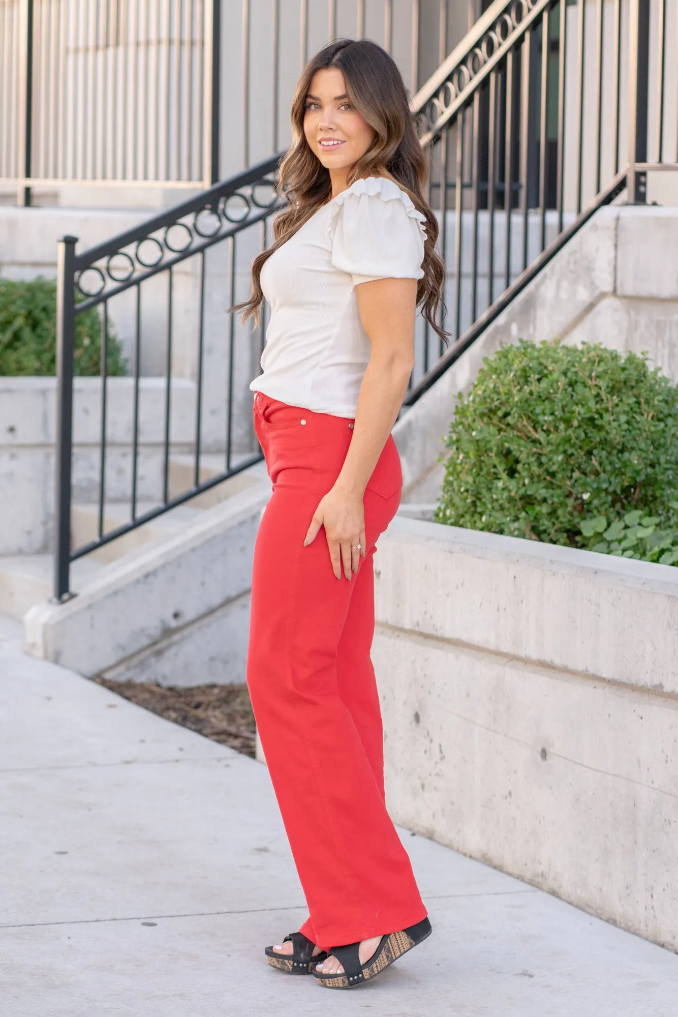 Red 90's High Rise Frayed Hem Straight