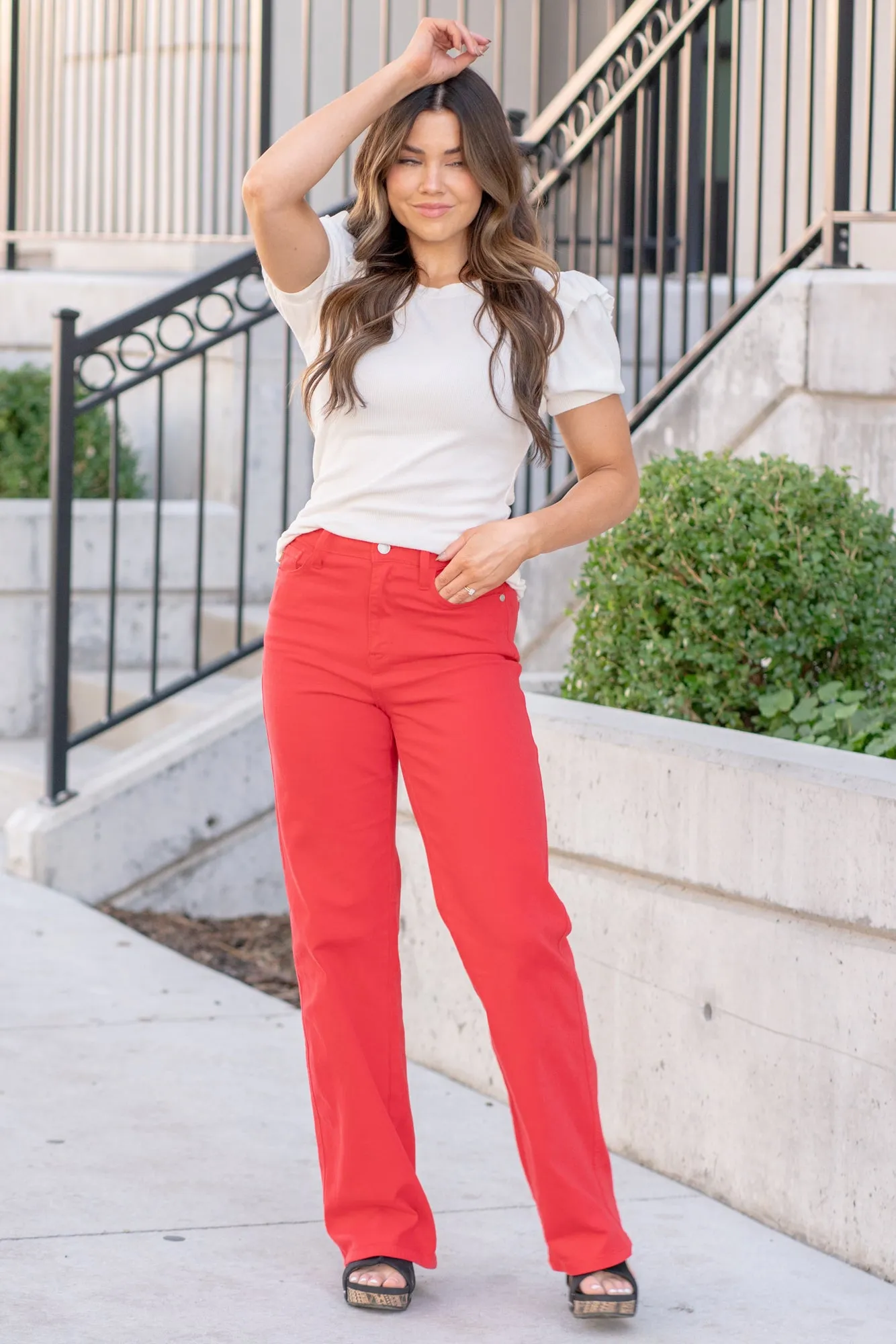Red 90's High Rise Frayed Hem Straight