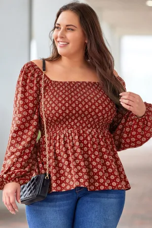 Red Plus Size Square Neck Printed Peplum Top