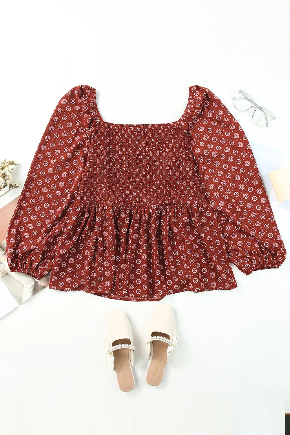 Red Plus Size Square Neck Printed Peplum Top
