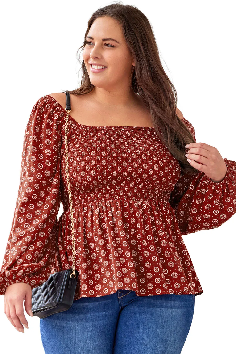 Red Plus Size Square Neck Printed Peplum Top