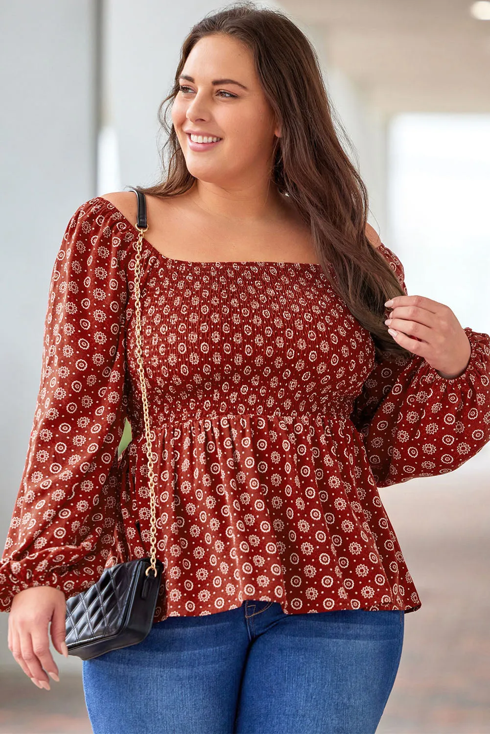 Red Plus Size Square Neck Printed Peplum Top