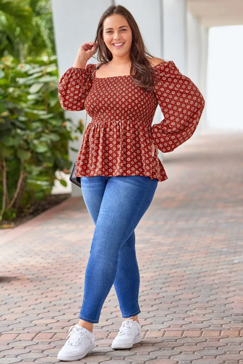 Red Plus Size Square Neck Printed Peplum Top