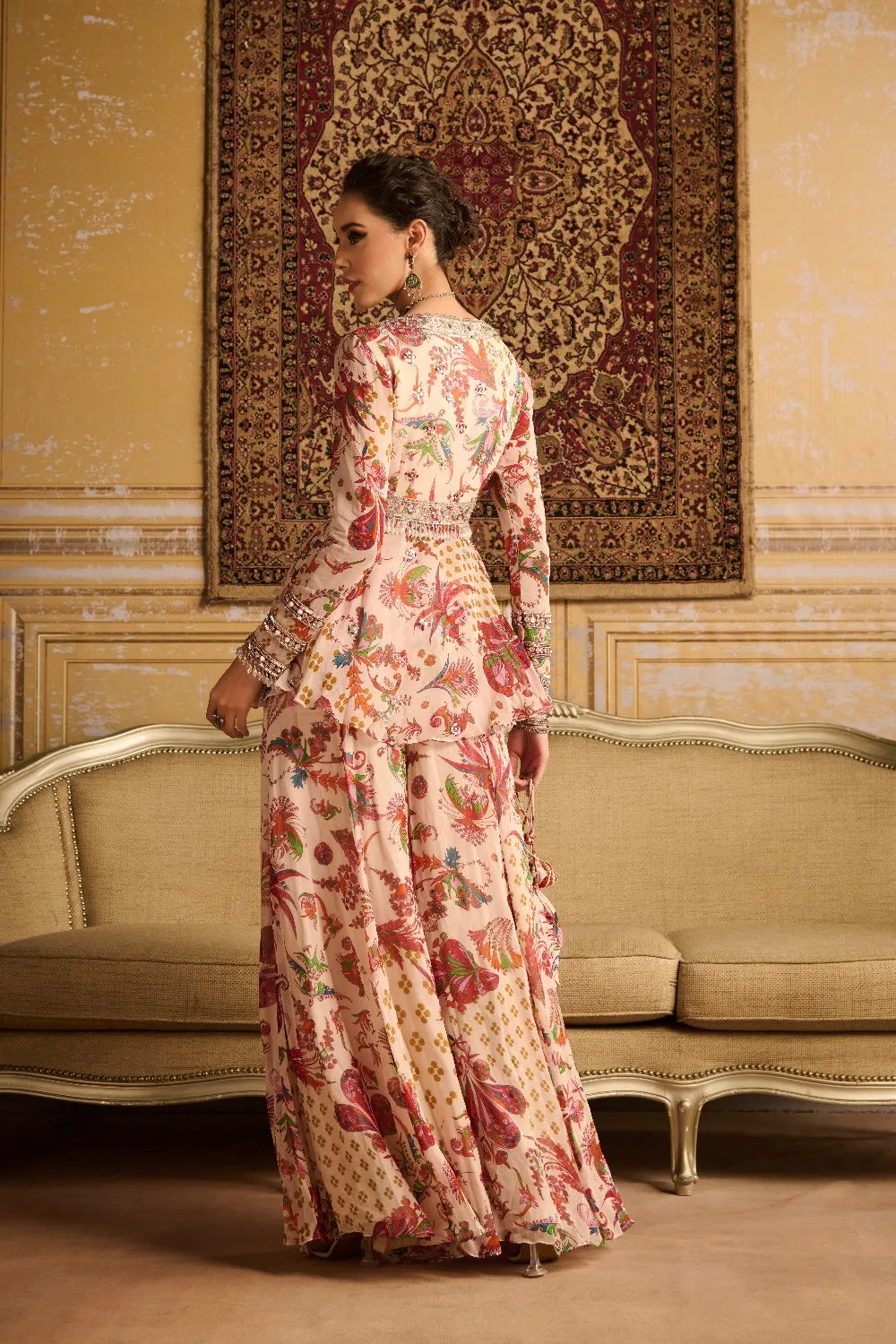 Red Print Embroidered Blouse And Kurti Set