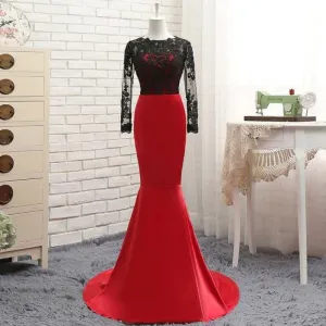 Red Satin With Black Lace Long Sleeve Evening Dress