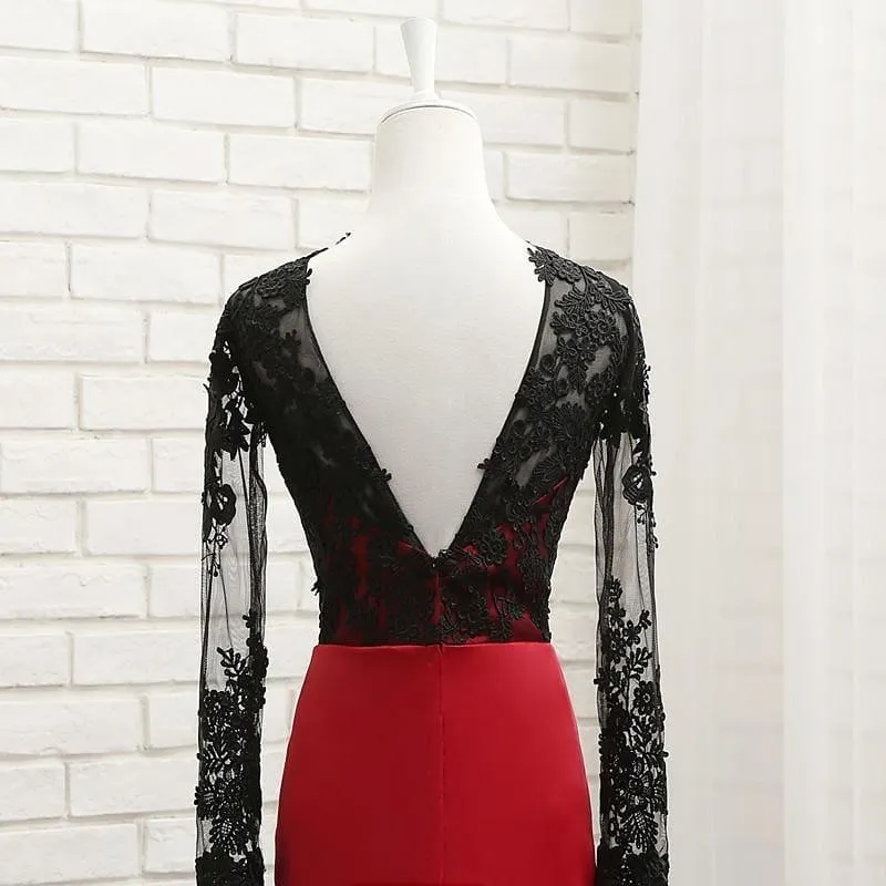 Red Satin With Black Lace Long Sleeve Evening Dress
