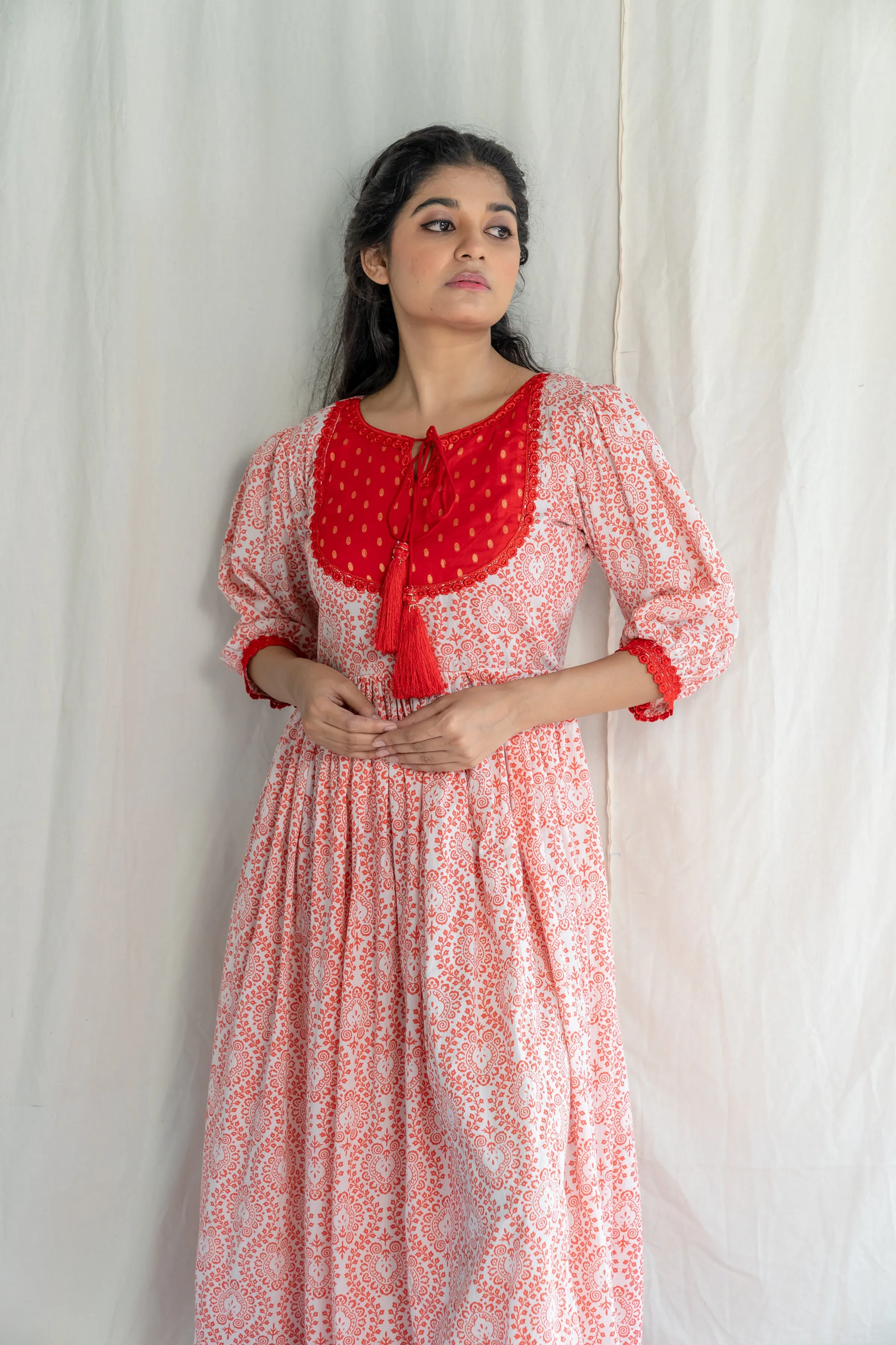 Red White Handblock Cotton Dress