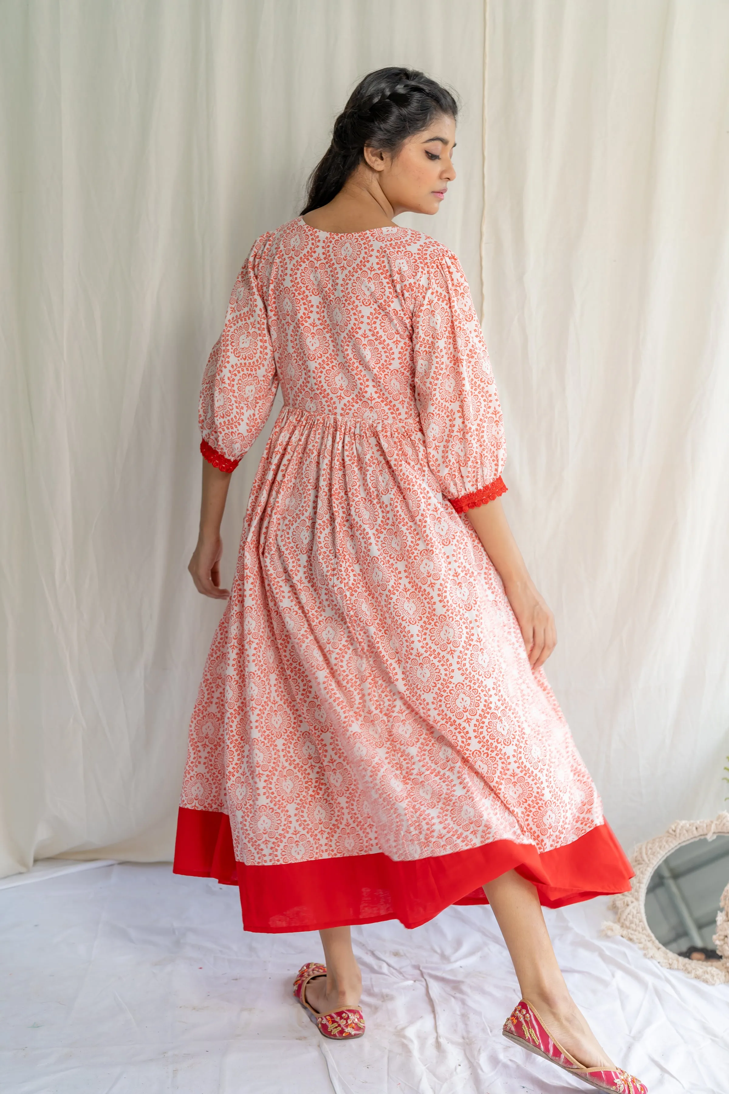 Red White Handblock Cotton Dress