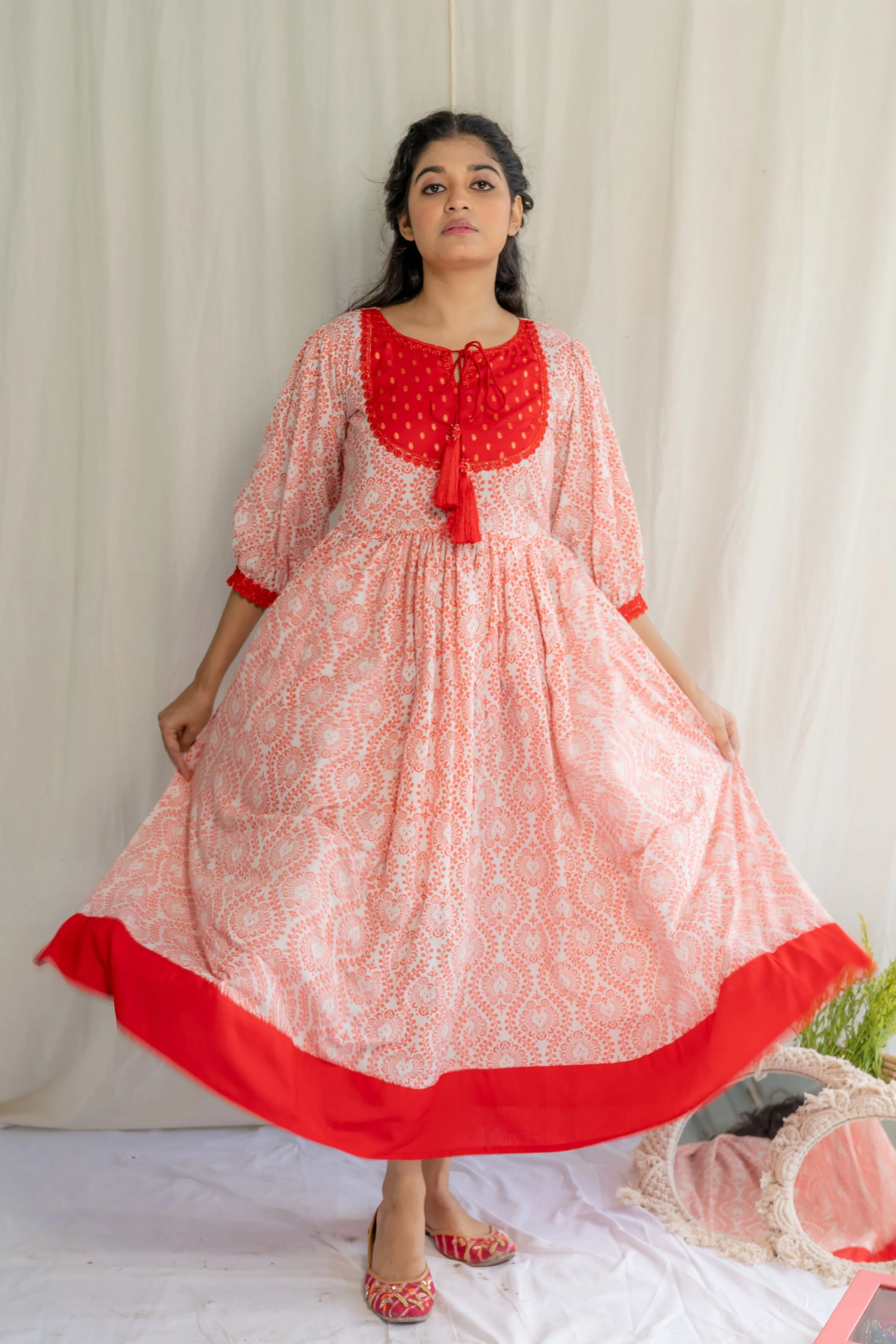 Red White Handblock Cotton Dress