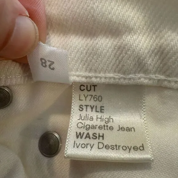 Reformation Julia High Cigarette Jeans Ivory Destroyed Size 28
