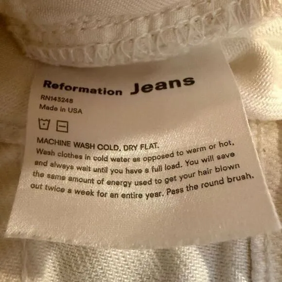 Reformation Julia High Cigarette Jeans Ivory Destroyed Size 28