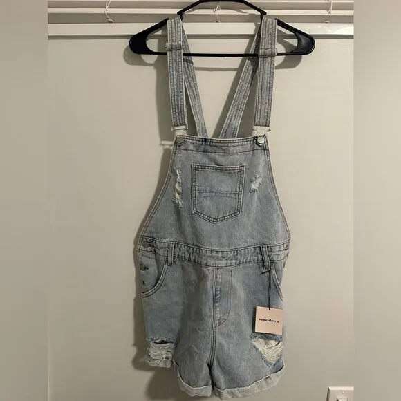 Revolve Superdown Meghan Distressed Short Overalls Shortall Denim Light Wash L