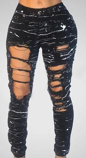 Ripped Jeans for Women Mid-waist Hole Chain Jeans Paint Destroyed Stretch Jeans