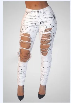 Ripped Jeans for Women Mid-waist Hole Chain Jeans Paint Destroyed Stretch Jeans