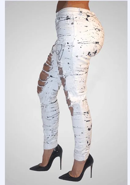 Ripped Jeans for Women Mid-waist Hole Chain Jeans Paint Destroyed Stretch Jeans