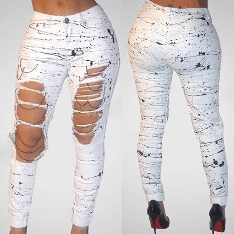 Ripped Jeans for Women Mid-waist Hole Chain Jeans Paint Destroyed Stretch Jeans