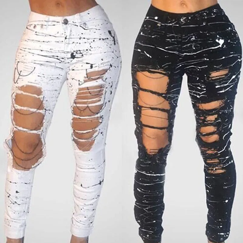 Ripped Jeans for Women Mid-waist Hole Chain Jeans Paint Destroyed Stretch Jeans