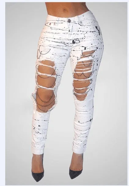 Ripped Jeans for Women Mid-waist Hole Chain Jeans Paint Destroyed Stretch Jeans