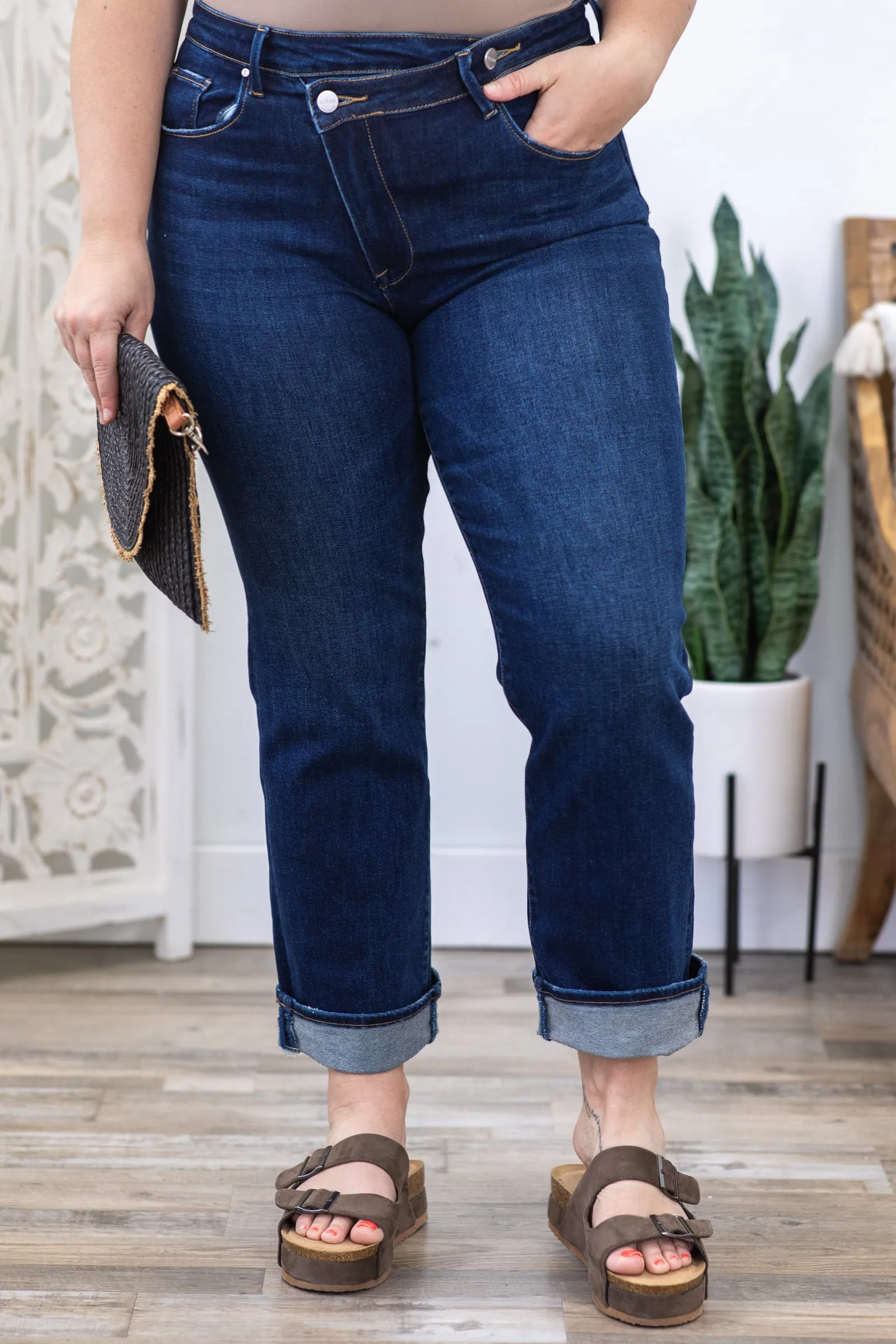 Risen Cross Over Waist Straight Leg Jeans