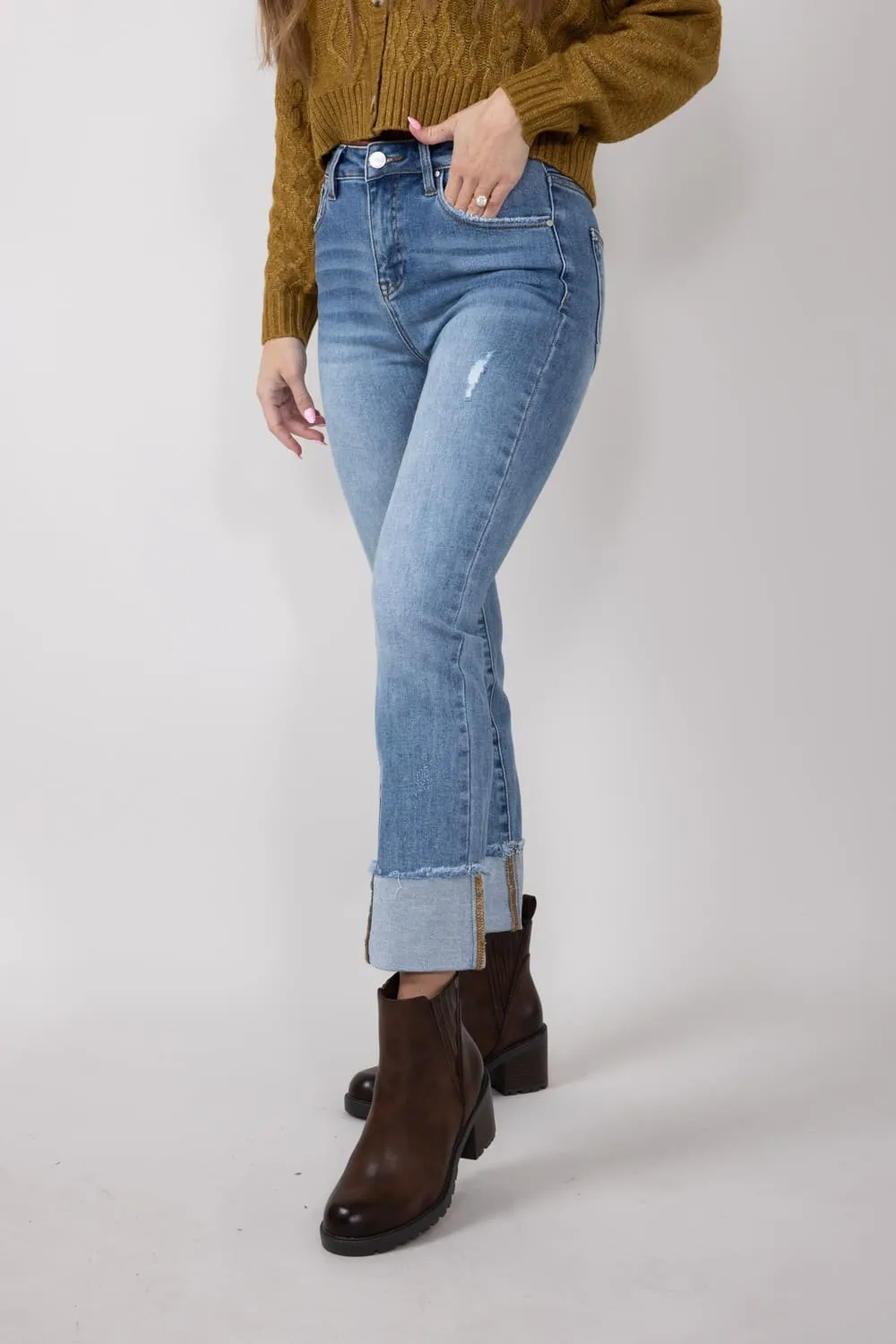 Risen High Rise Cuffed Straight Leg Jeans for Women | RDP1282CH-LT