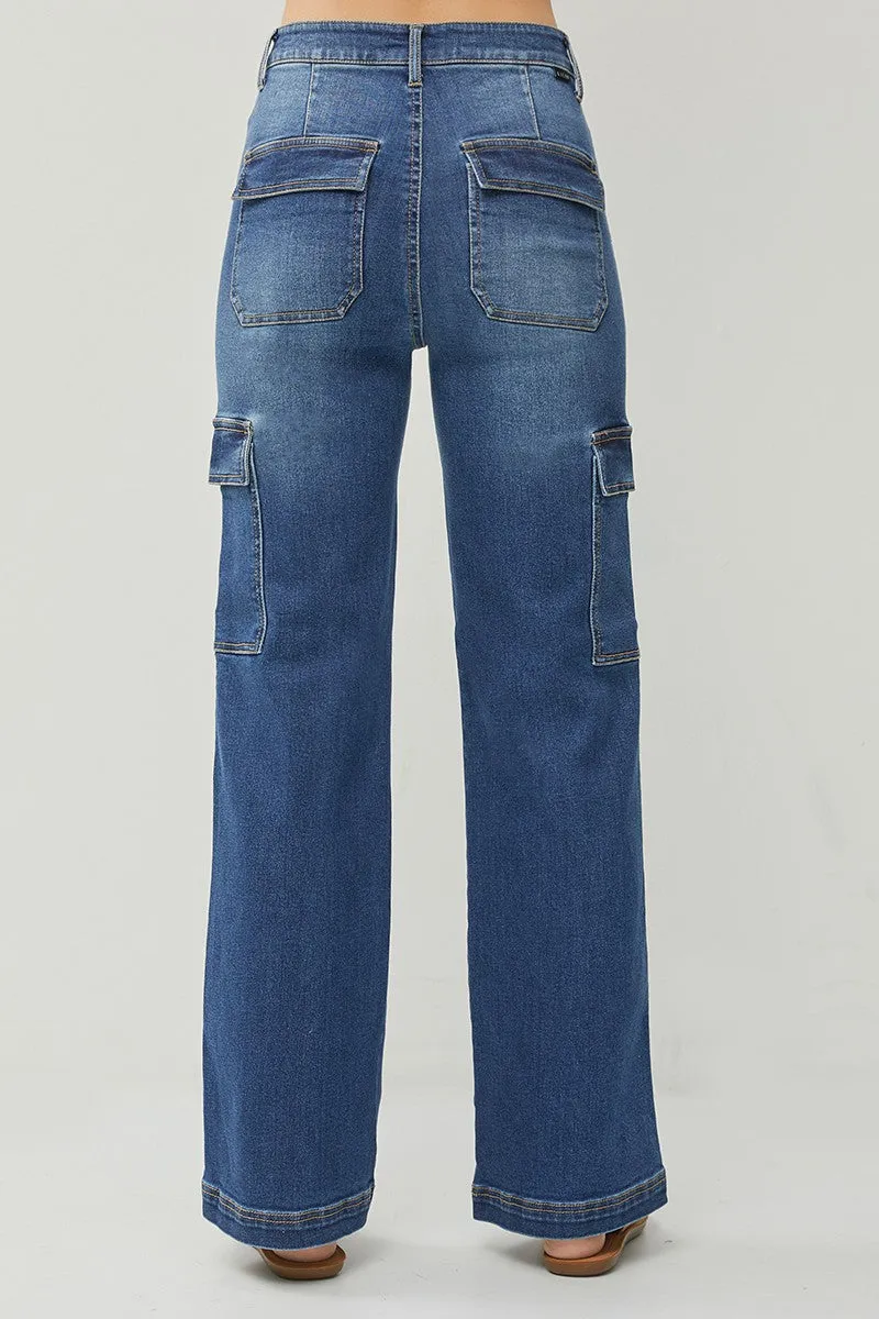 Risen High Rise Front Seam Cargo Wide Leg Jeans