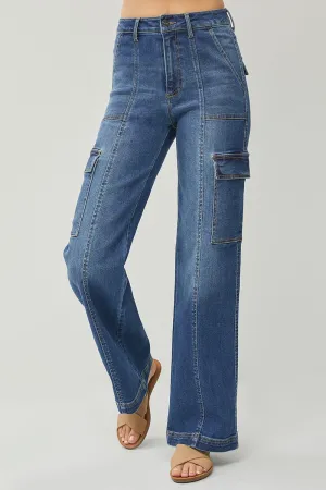 Risen High Rise Front Seam Cargo Wide Leg Jeans
