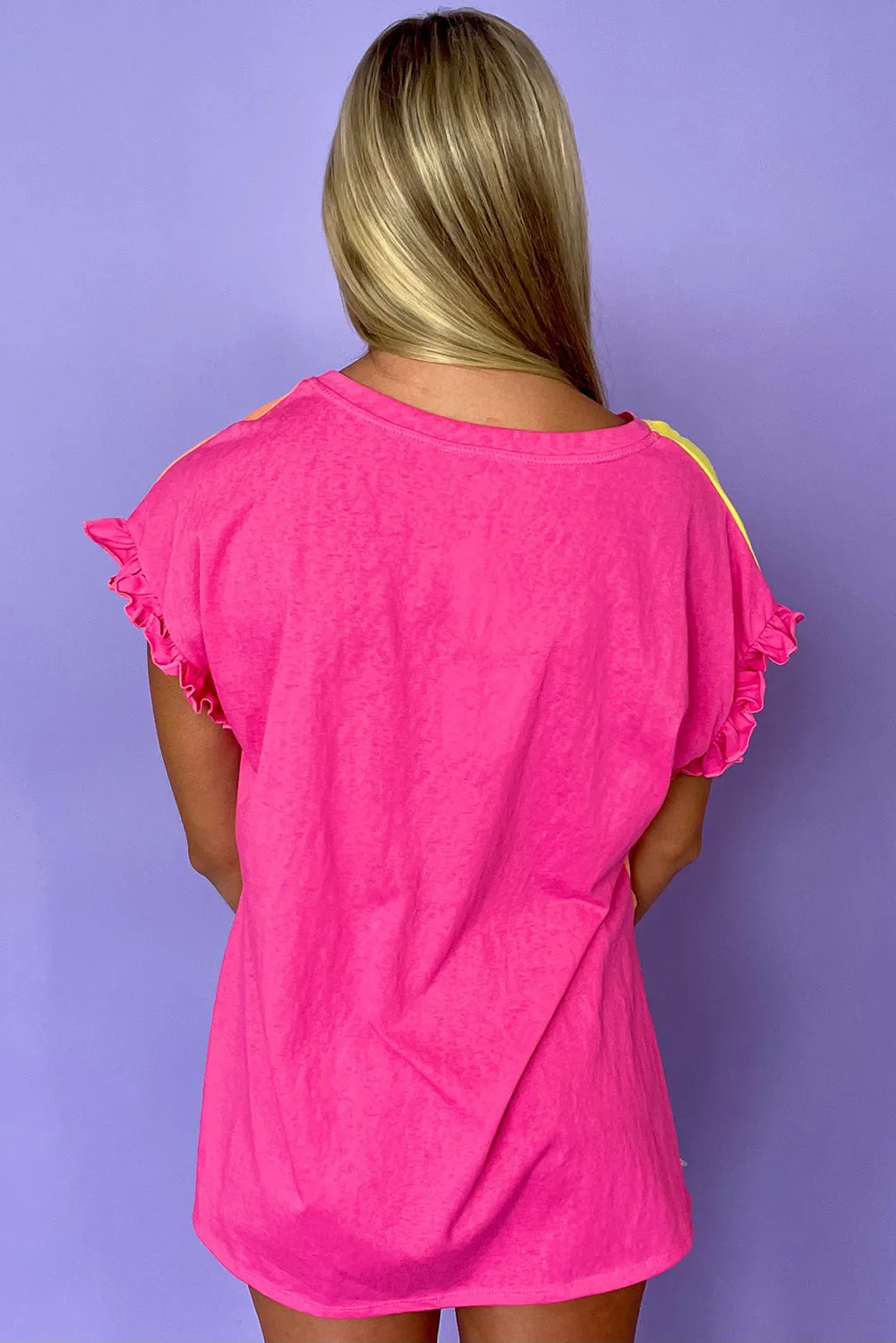 Rose Red Color Block Ruffled Crew Neck Loose Fit T Shirt