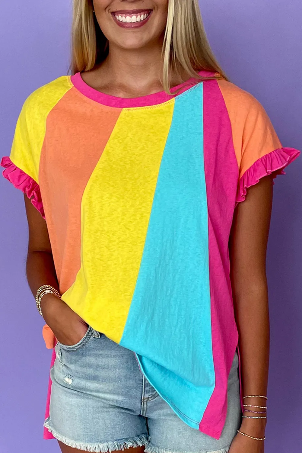 Rose Red Color Block Ruffled Crew Neck Loose Fit T Shirt
