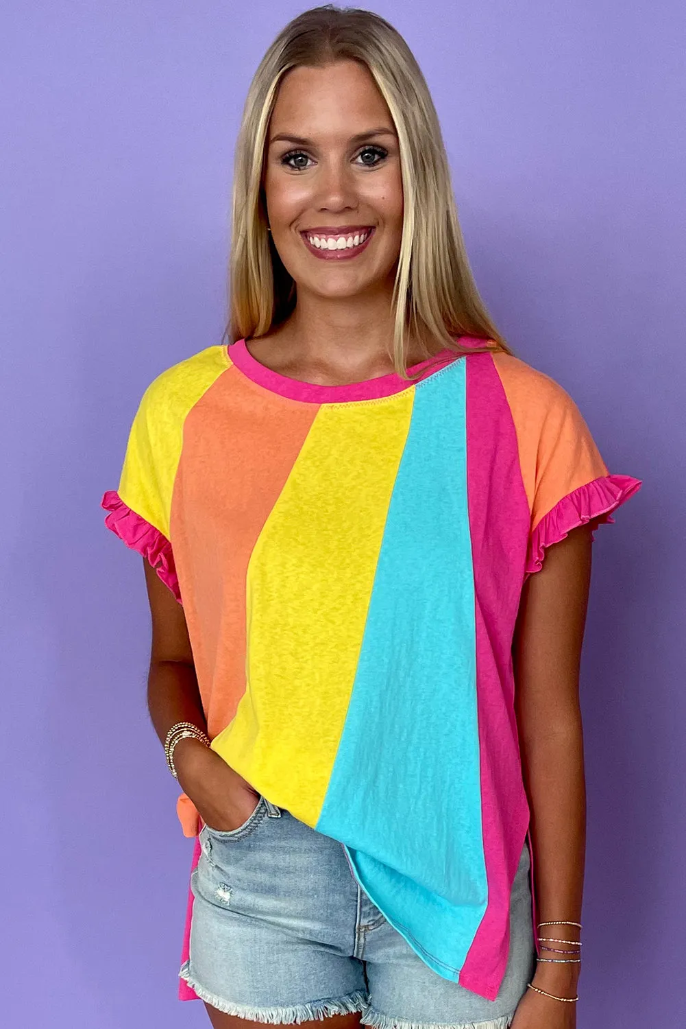Rose Red Color Block Ruffled Crew Neck Loose Fit T Shirt