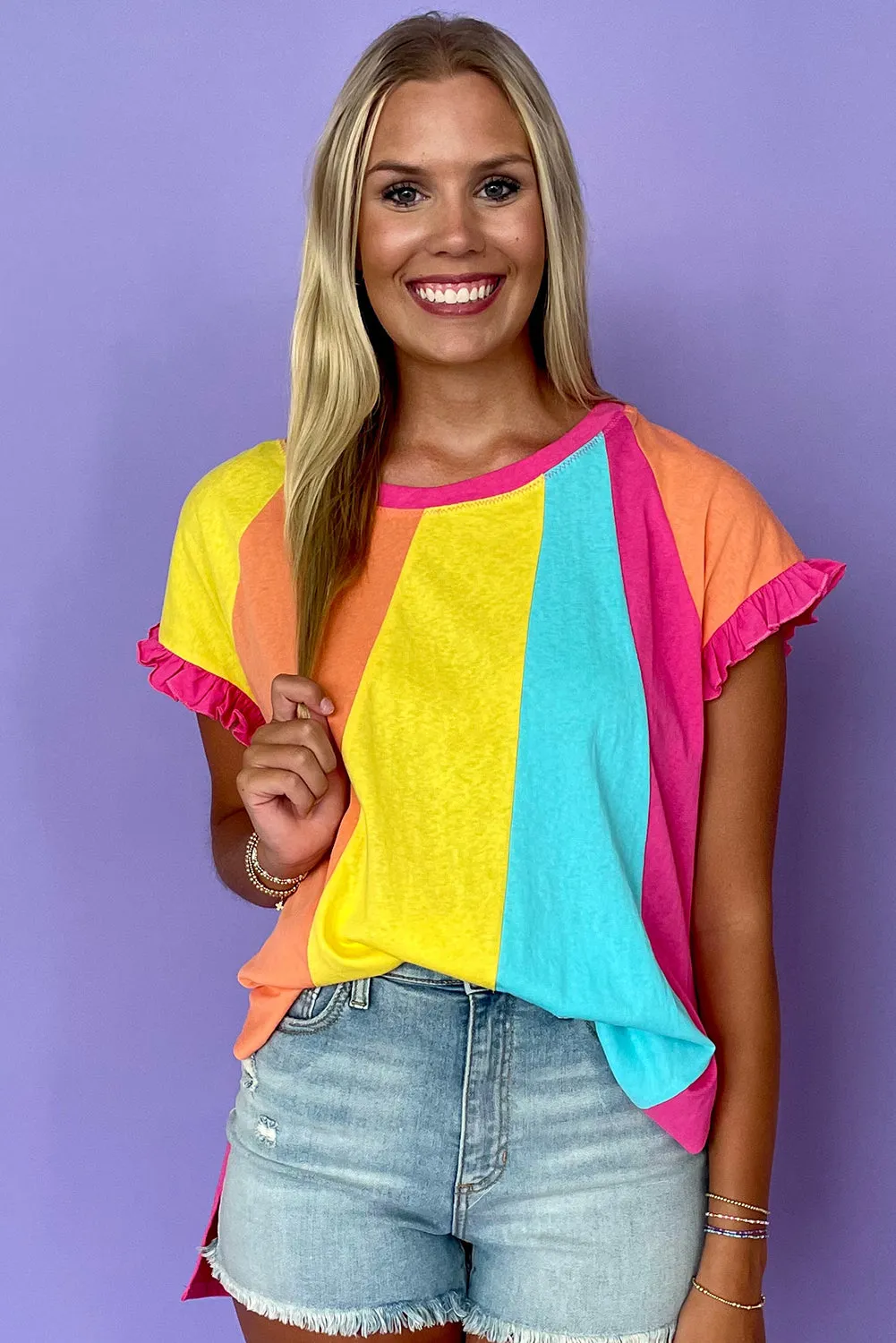 Rose Red Color Block Ruffled Crew Neck Loose Fit T Shirt