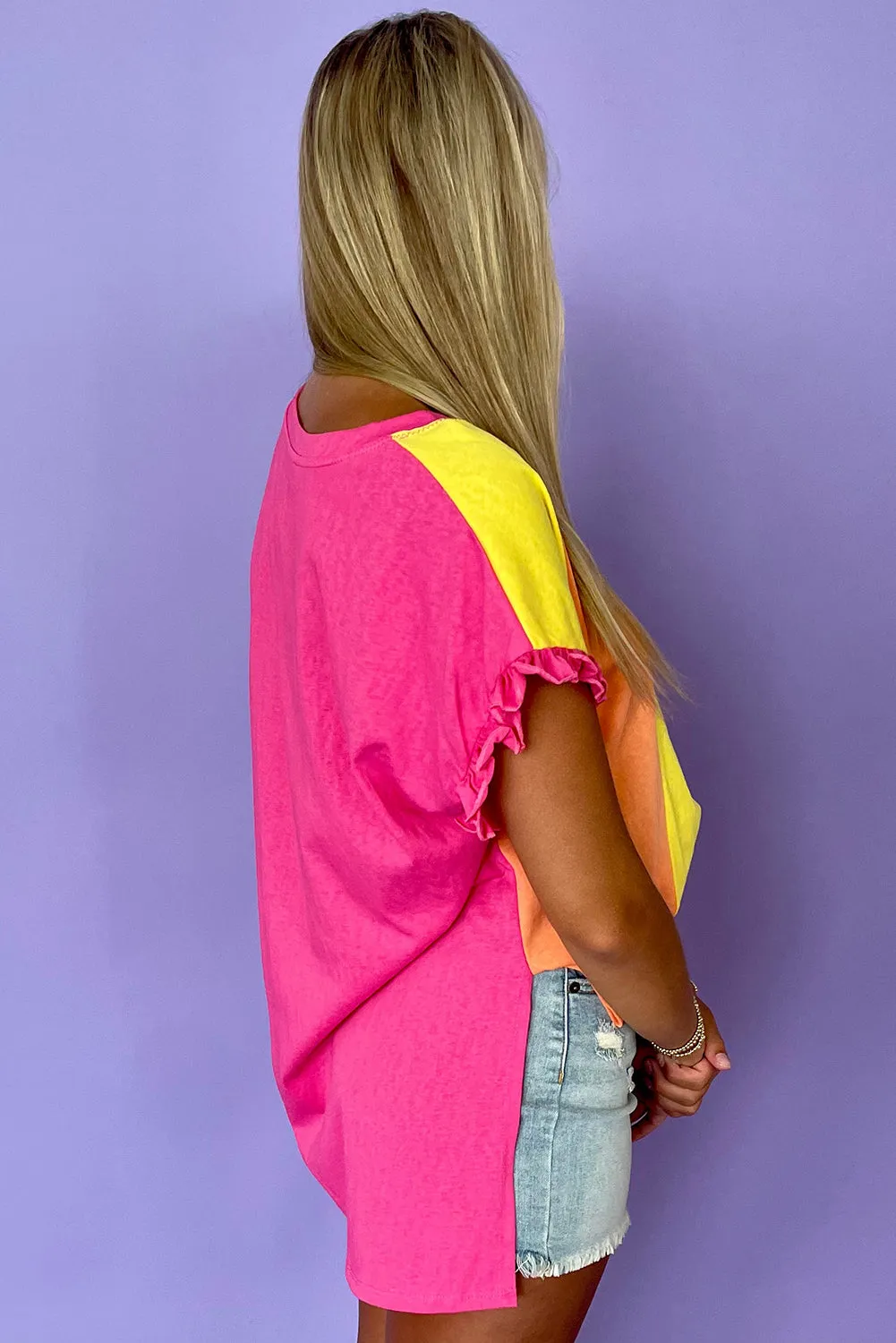 Rose Red Color Block Ruffled Crew Neck Loose Fit T Shirt