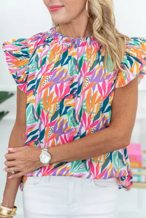 Rose Red Leave Print Ruffled Flatter Sleeve Blouse
