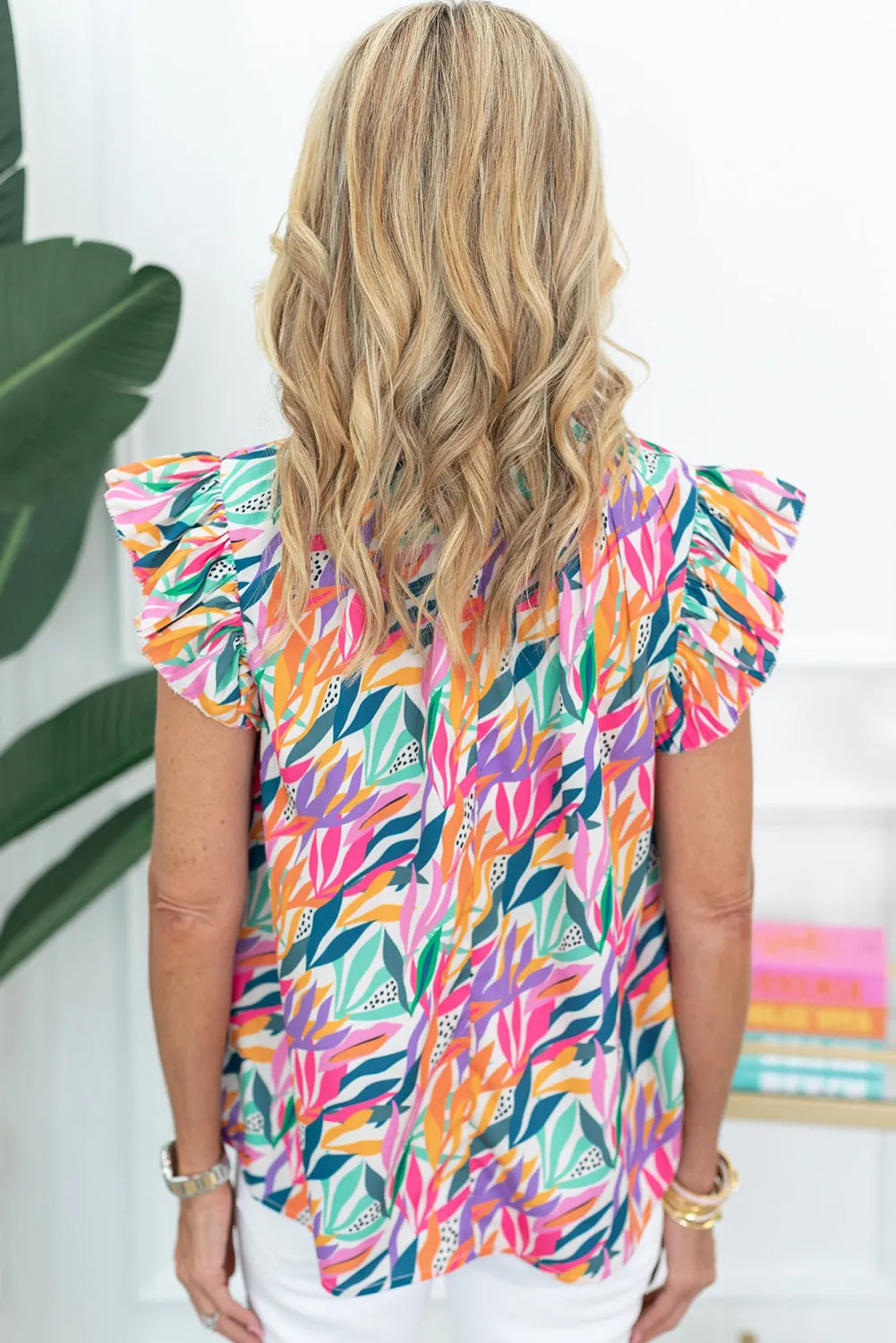 Rose Red Leave Print Ruffled Flatter Sleeve Blouse