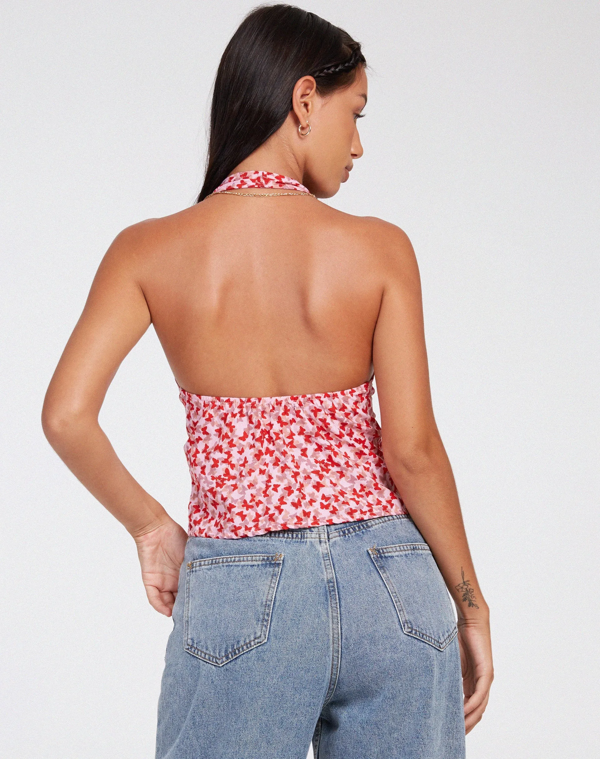Roula Halter Top in Ditsy Butterfly Peach Red