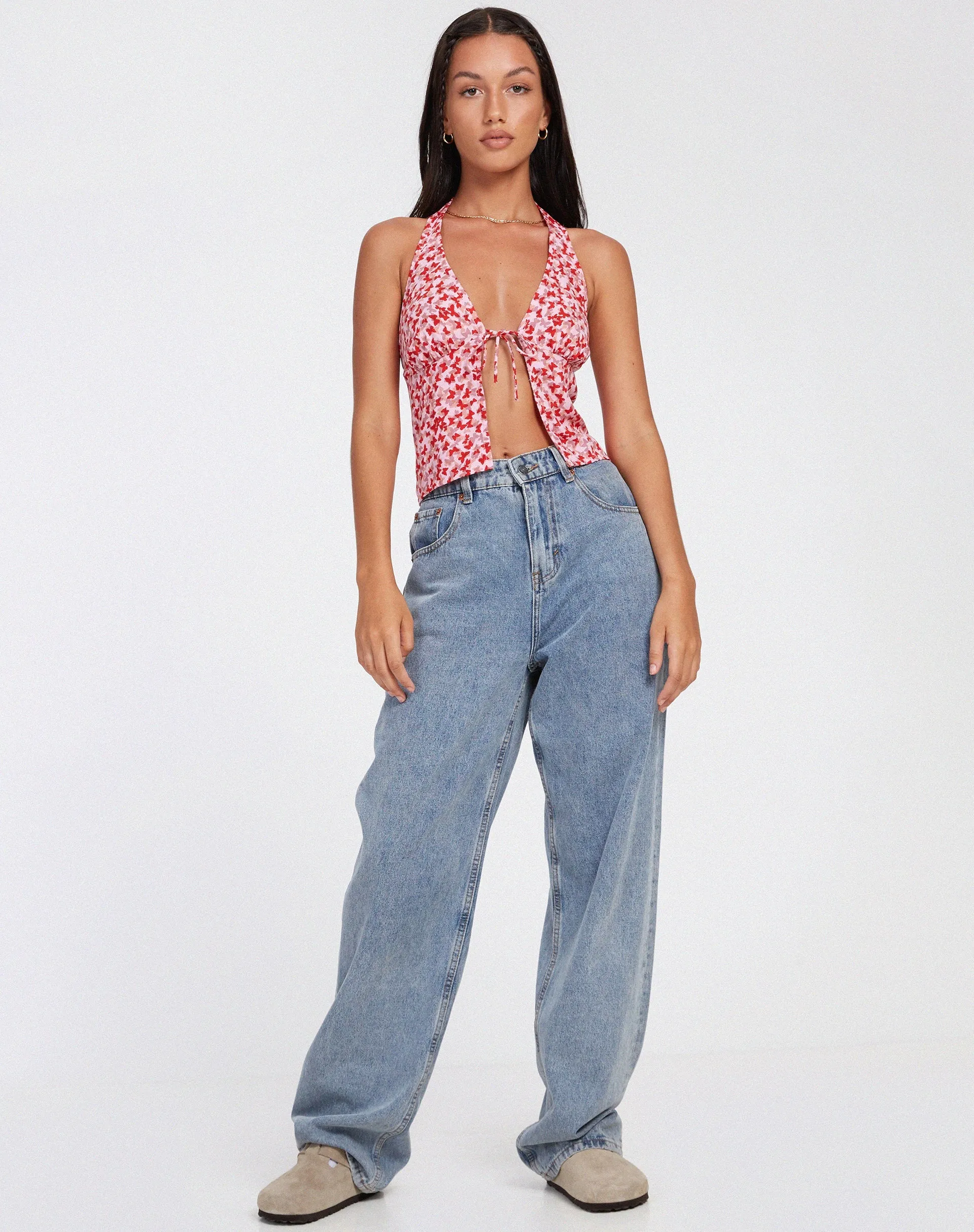 Roula Halter Top in Ditsy Butterfly Peach Red