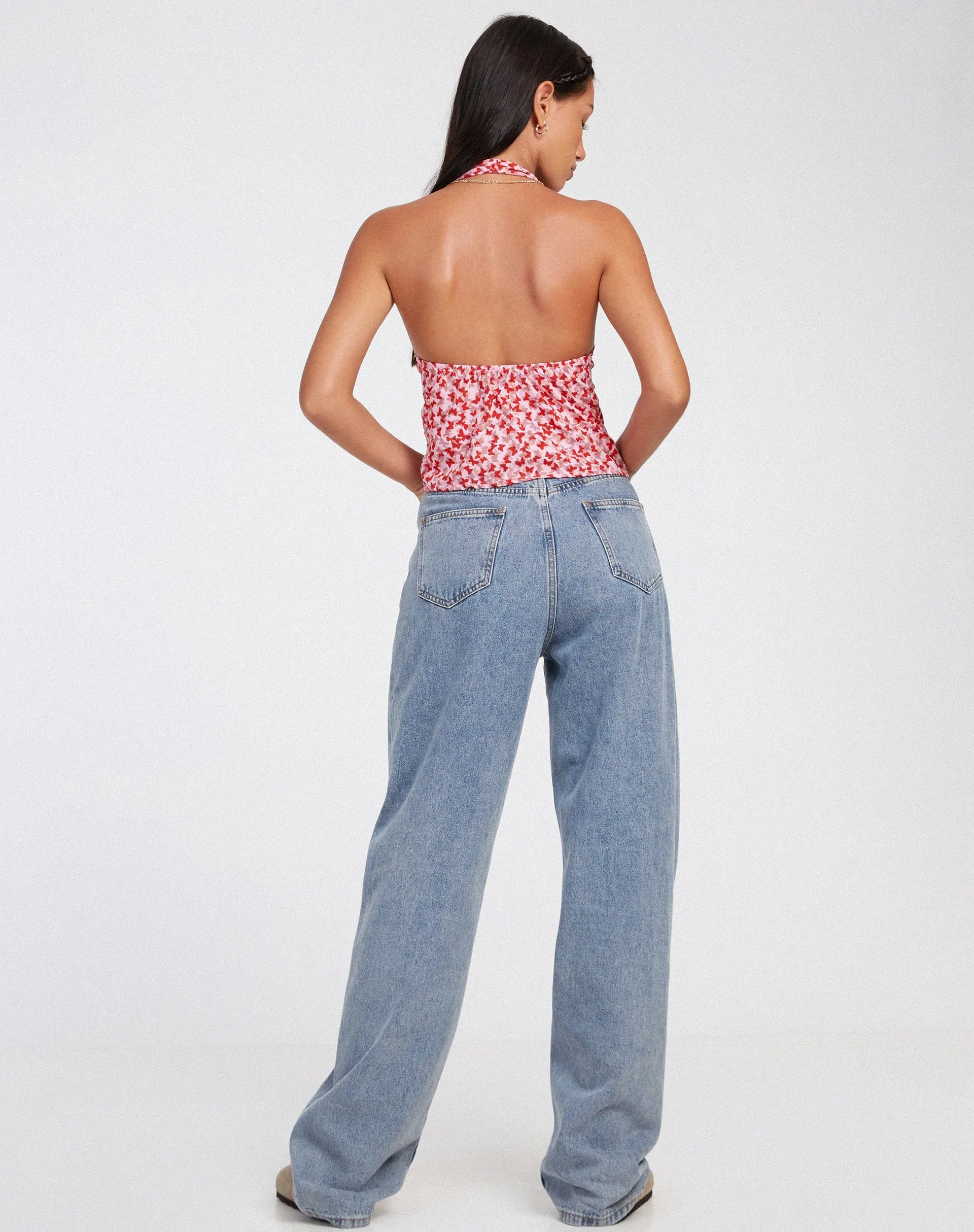 Roula Halter Top in Ditsy Butterfly Peach Red