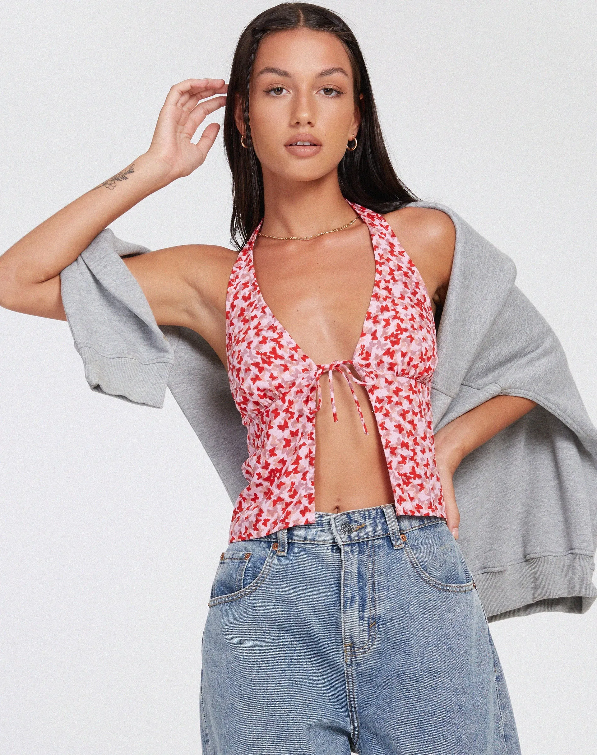 Roula Halter Top in Ditsy Butterfly Peach Red