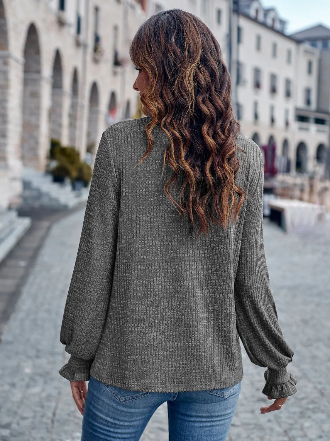 Round Neck Flounce Sleeve Top (2 Colors)