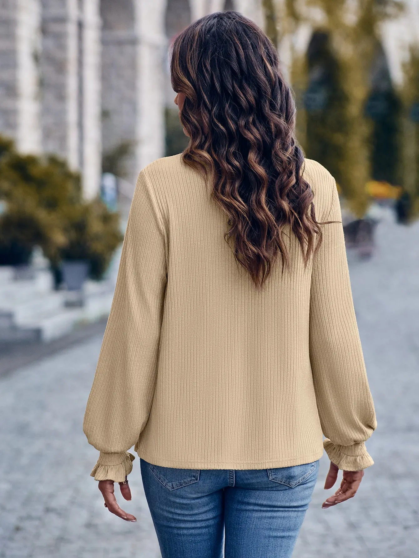 Round Neck Flounce Sleeve Top (2 Colors)