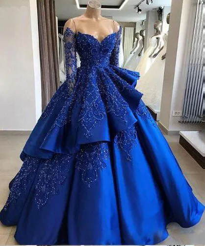 Royal Blue Satin Quinceanera Dresses Embroidered Lace Full Sleeve Sweet 16 vestidos de quinceañera