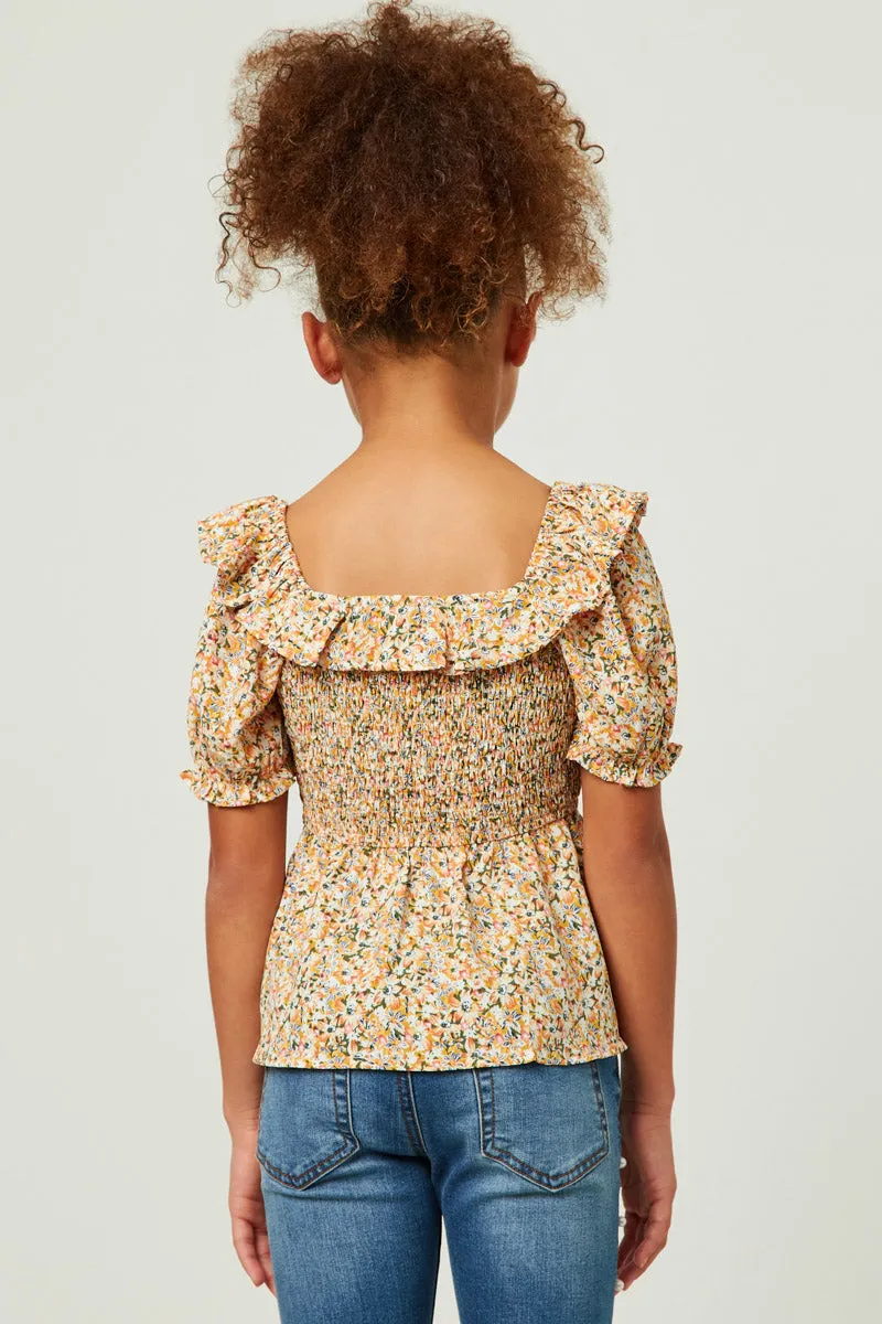 Ruffled Bib Smocked Cinch Sleeve Top