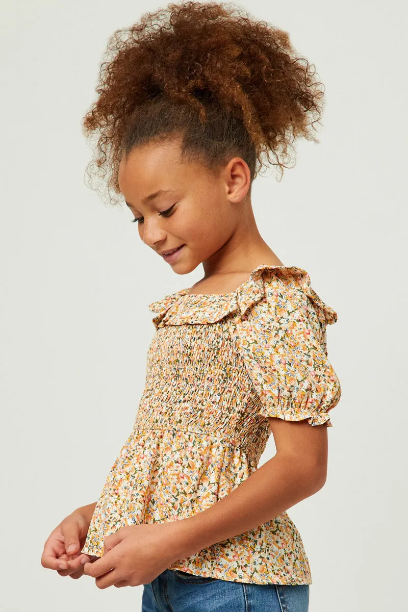 Ruffled Bib Smocked Cinch Sleeve Top