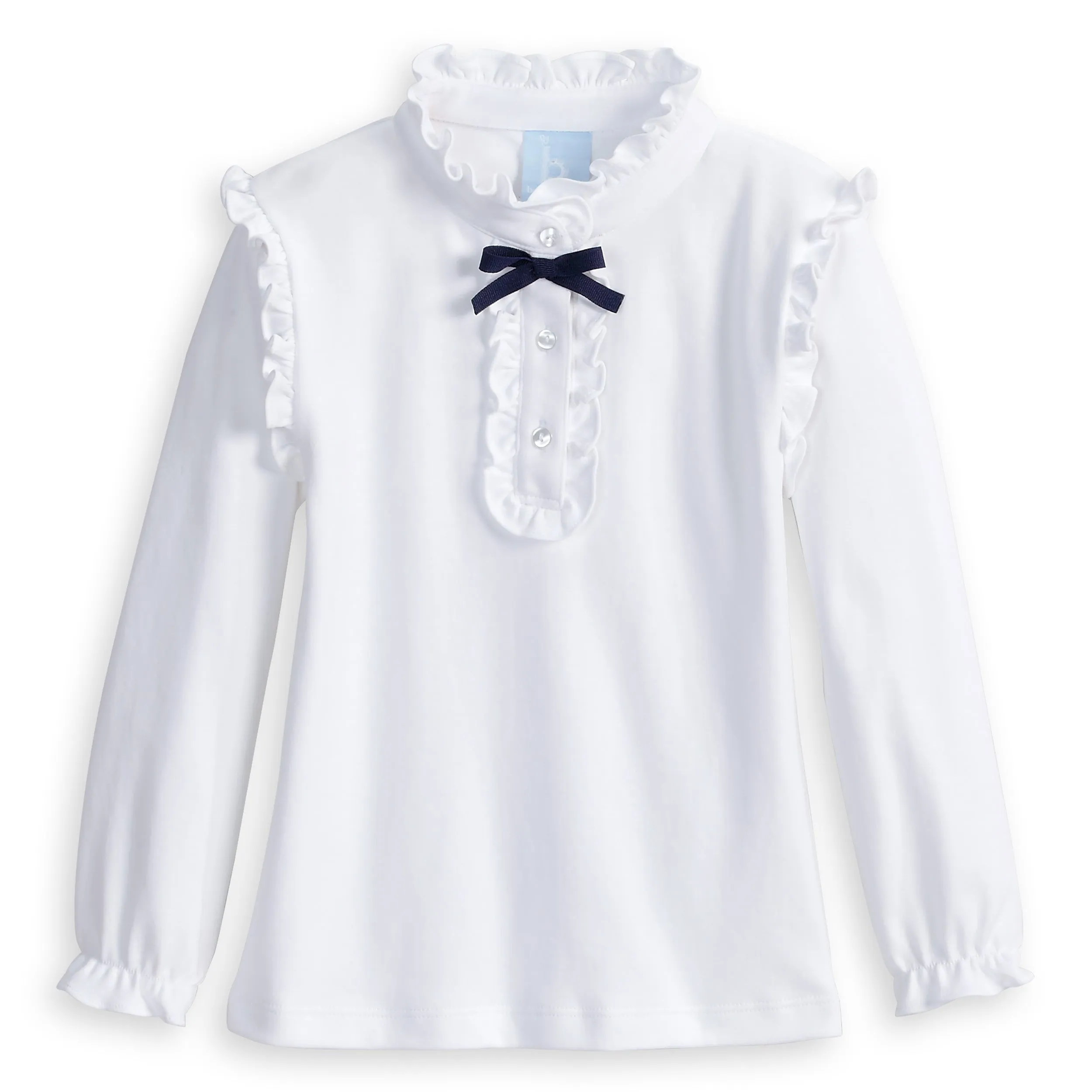 Ruffled Pima Blouse -- White w/ Navy Bow